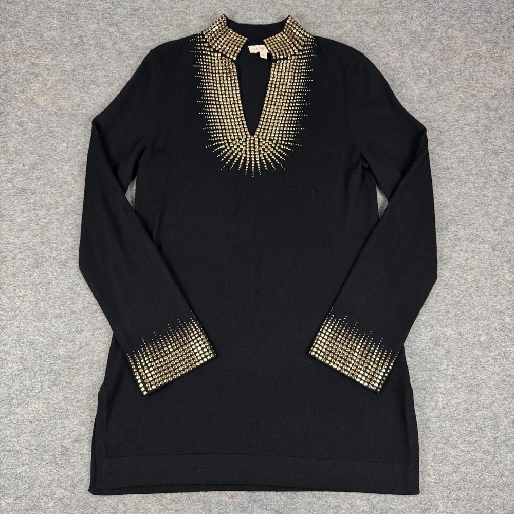 Tory Burch Merino Wool Gold Embellished Tunic Sweater Black Womens Small S